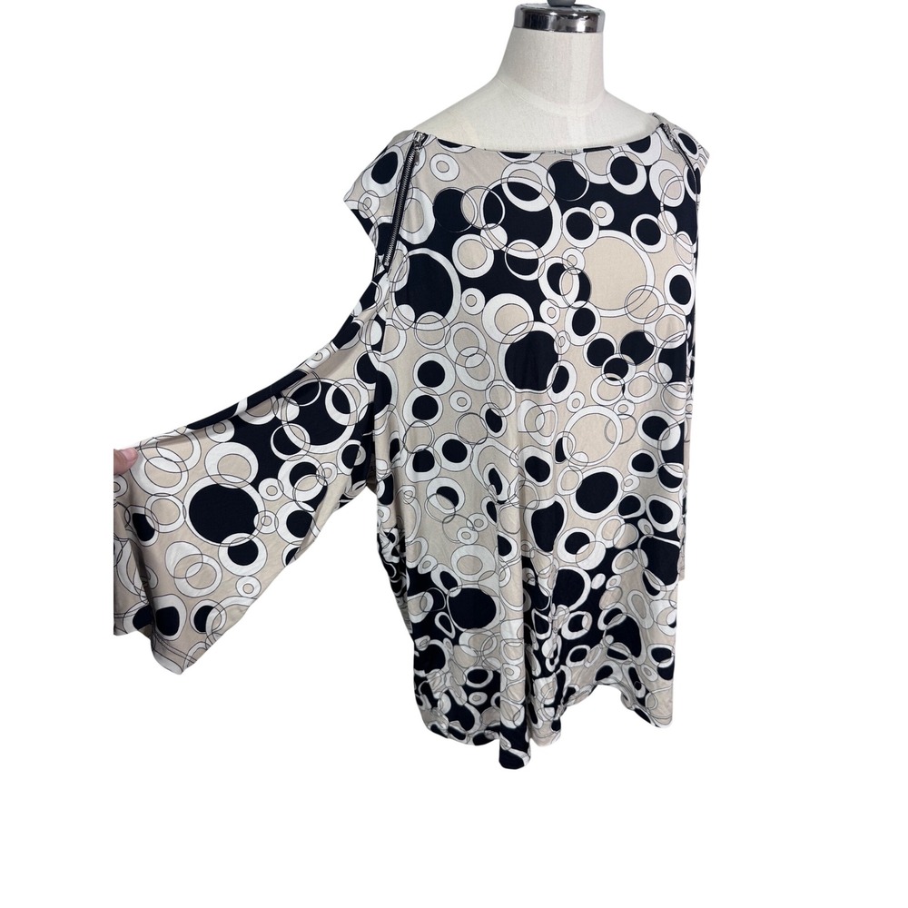 Susan‎ Graver Top Women Cold Shoulder Geometric Circle Print Black Tan 3X - Picture 2 of 7
